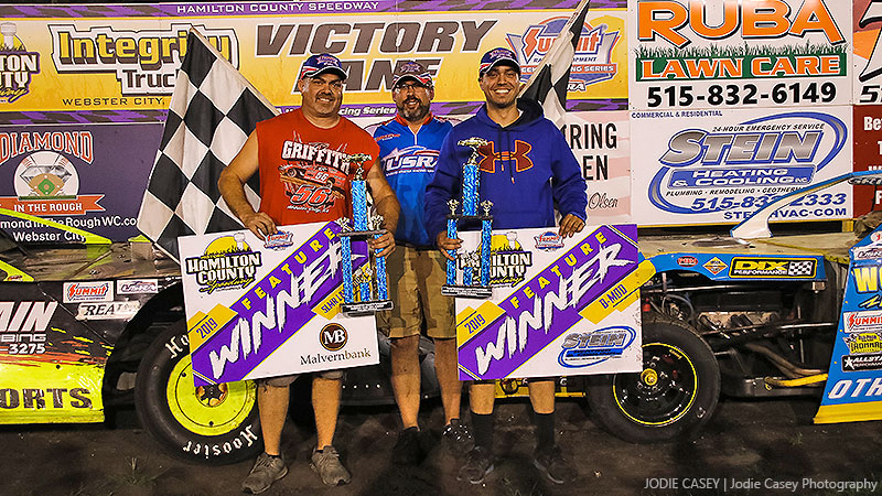 Ryan Griffith (left) won the Malvern Bank Super Late Model feature and Ty Griffith (right) won the Stein Heating & Cooling USRA B-Mod feature.