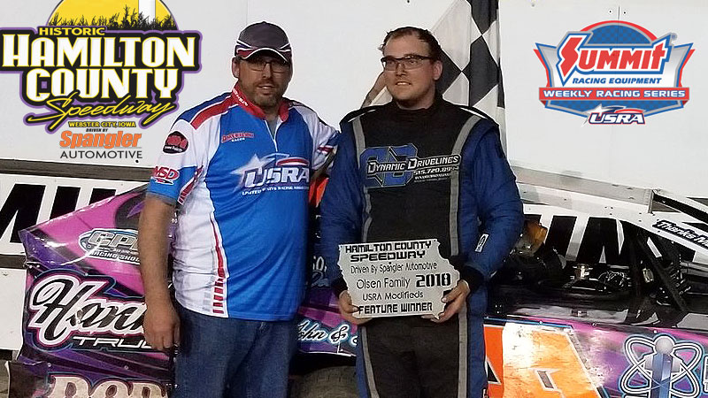 Nate Hughes of Webster City captured the feature race win in the Olsen Family USRA Modifieds on opening night at the Hamilton County Speedway driven by Spangler Automotive on Saturday, May 5.