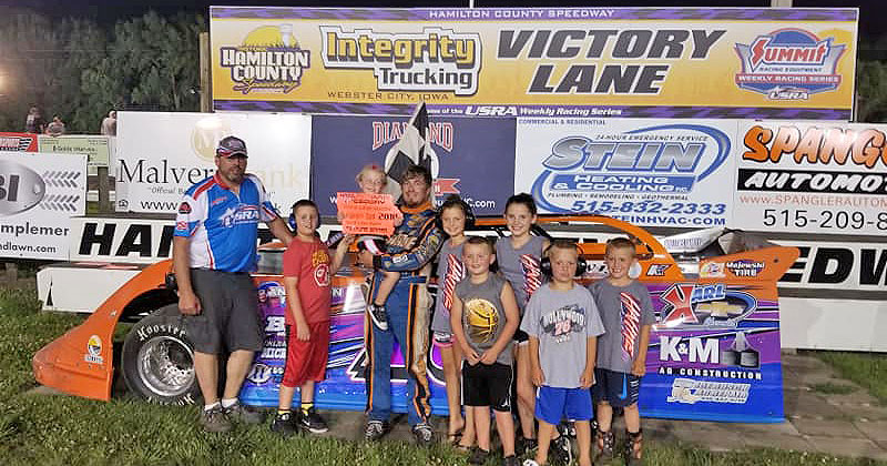 Jason Hahne won the Malvern Bank Super Late Model main event on Saturday, June 16, 2018, at the Hamilton County Speedway driven by Spangler Automotive in Webster City, Iowa.