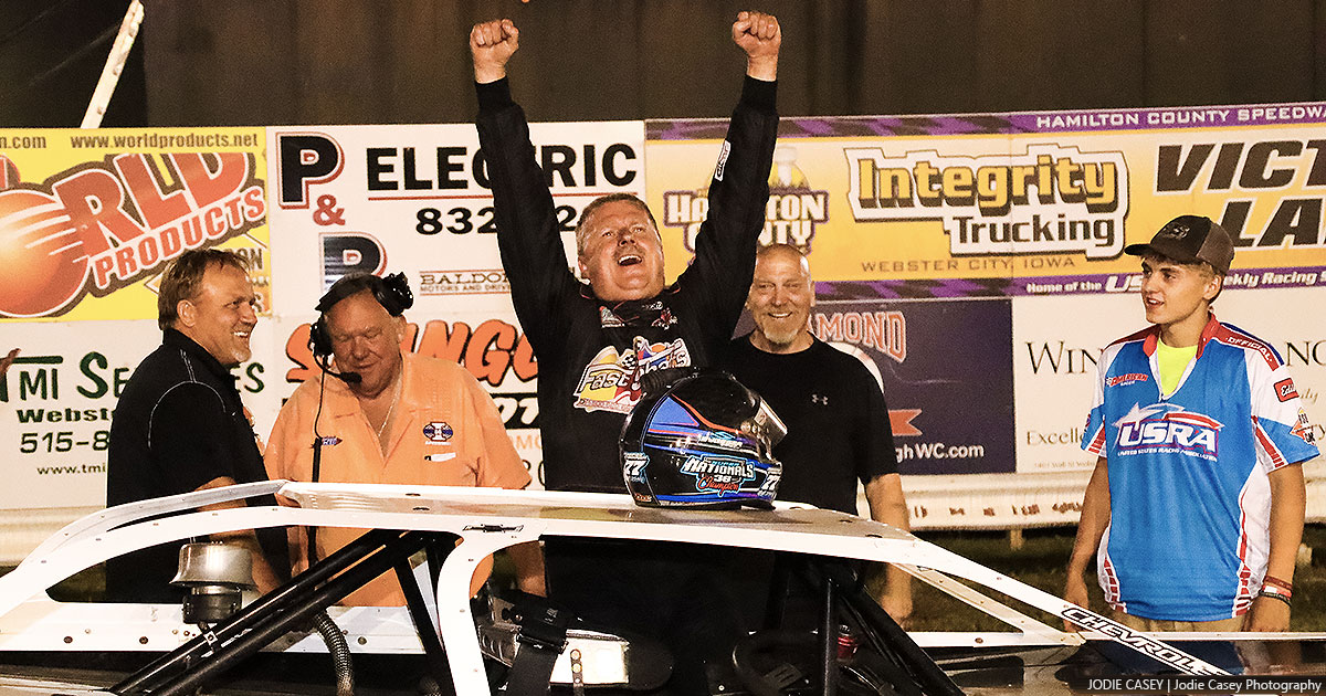 Jeff Aikey celebrates after winning the Malvern Bank SLMR East Series main event at the Hamilton County Speedway in Webster City, Iowa, on Thursday, June 11, 2020.