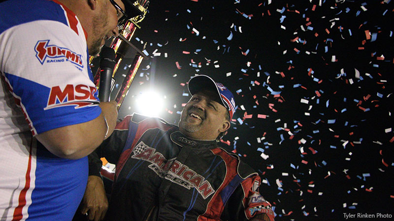 Todd Staley celebrates after winning the Seneca Foundry USRA Stock Car feature during the Rumble By River at the Hamilton County Speedway driven by Spangler Automotive.